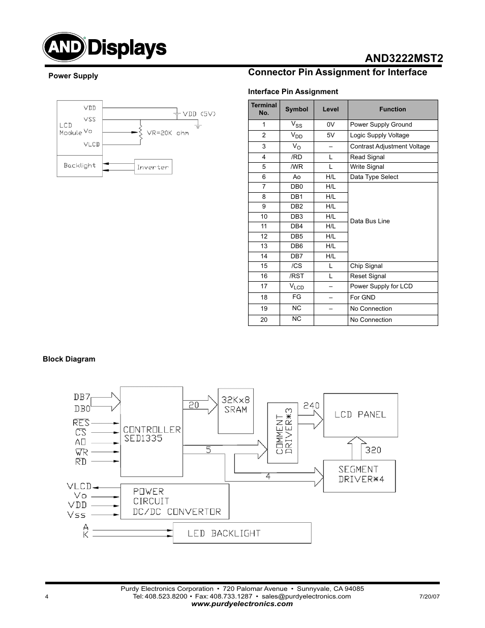 Displays, Connector pin assignment for interface | Purdy AND3222MST2 User Manual | Page 4 / 4