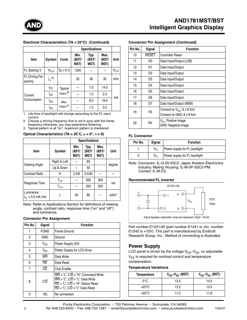 Intelligent graphics display and1781mst/bst, Power supply | Purdy AND1781MST/BST User Manual | Page 2 / 3