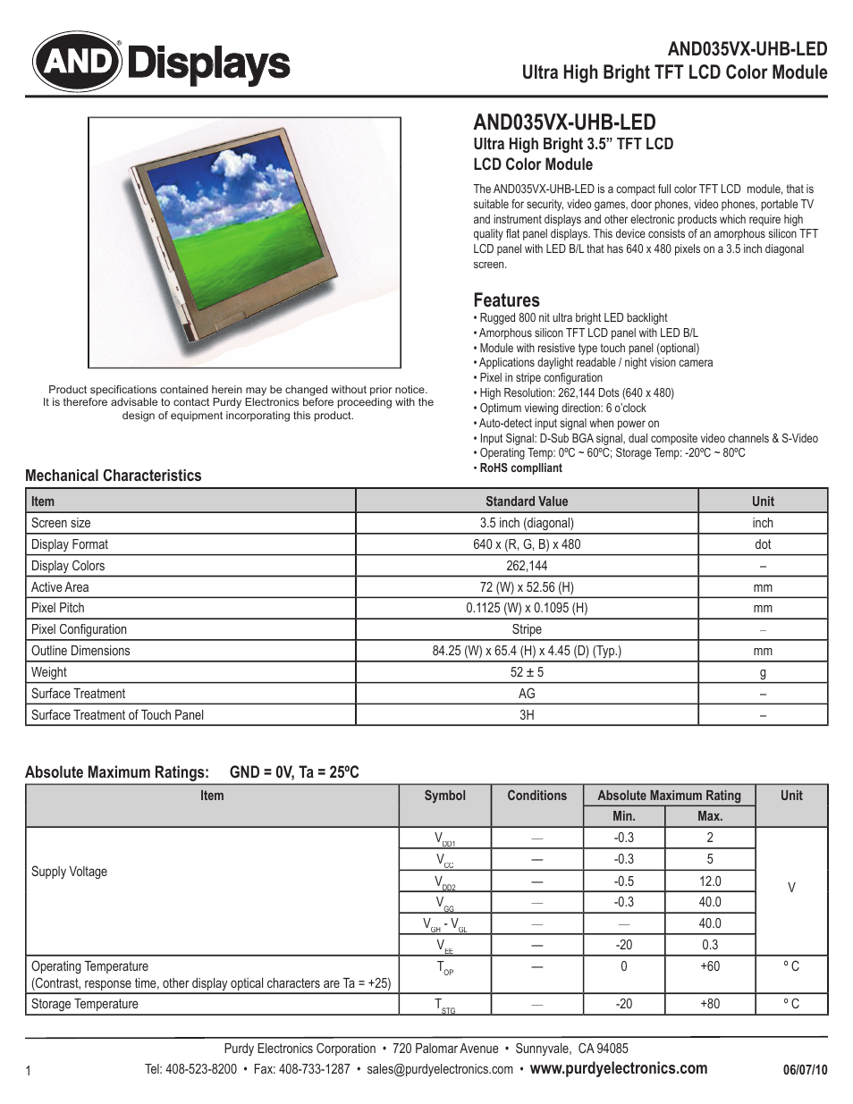 Purdy AND035VX-UHB-LED User Manual | 7 pages