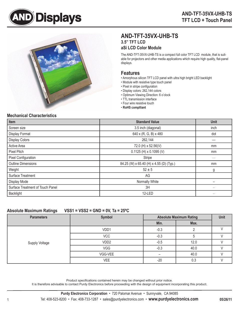 Purdy AND-TFT-35VX-UHB-TS User Manual | 6 pages