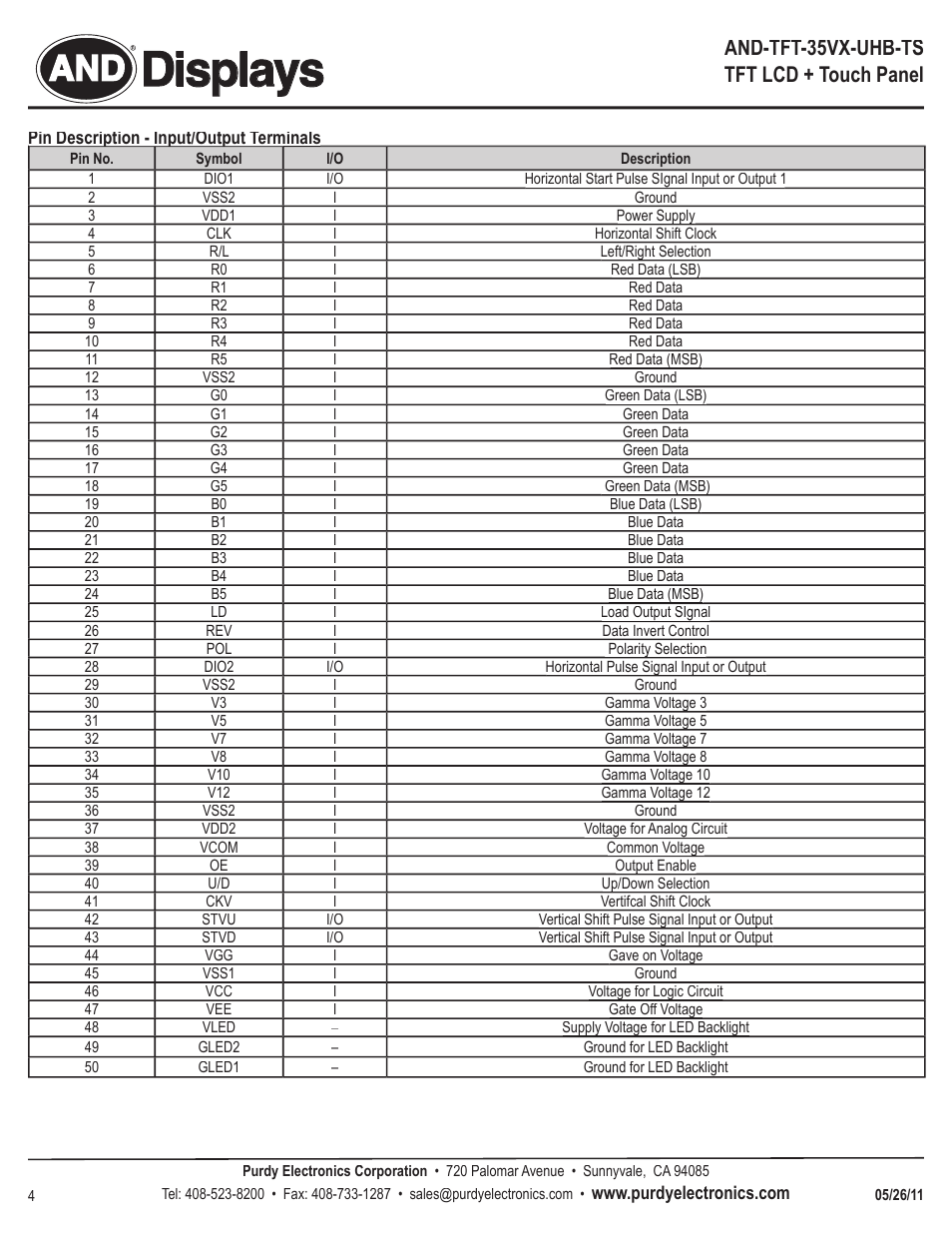 Displays, And-tft-35vx-uhb-ts tft lcd + touch panel | Purdy AND-TFT-35VX-UHB-TS User Manual | Page 4 / 6