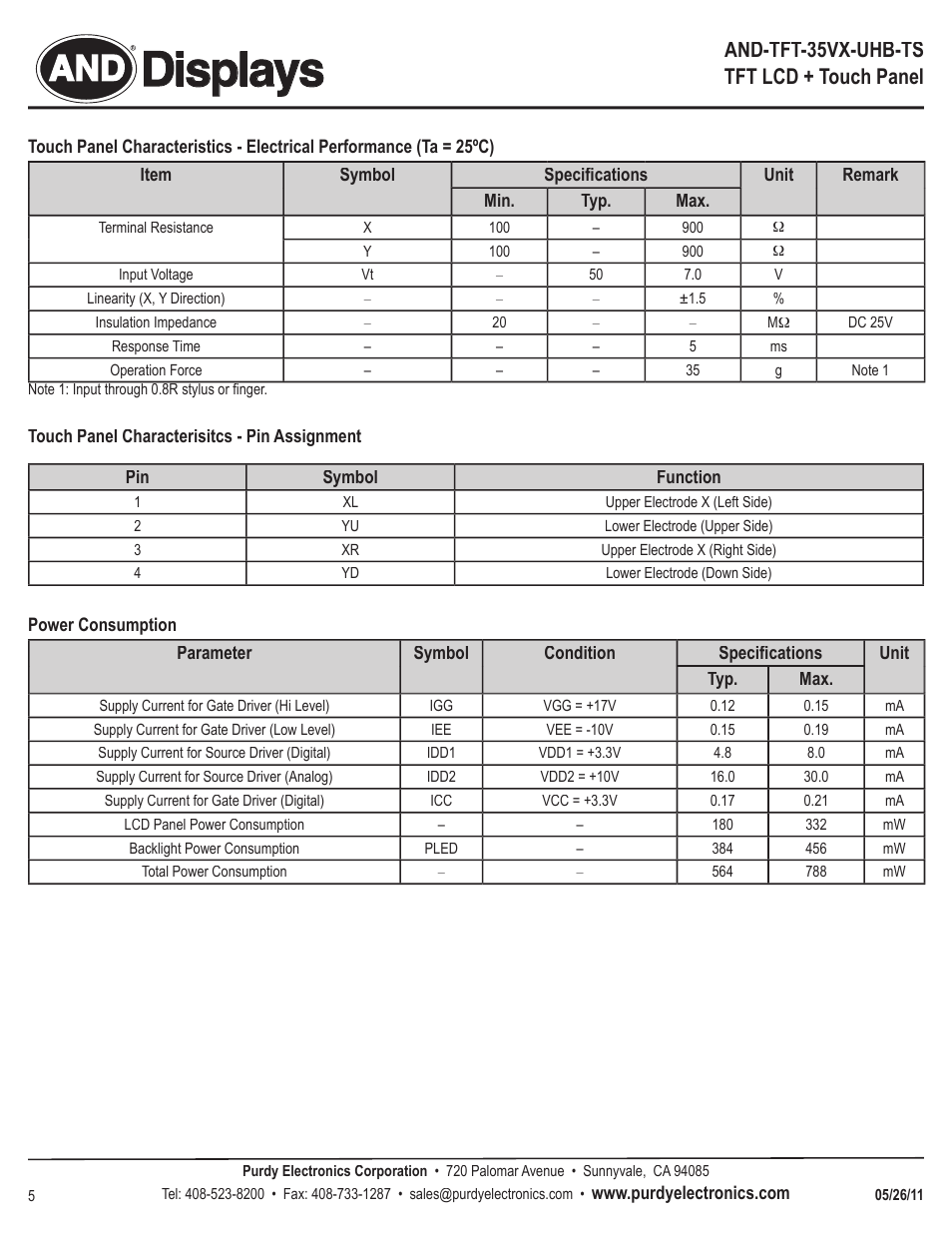 Displays, And-tft-35vx-uhb-ts tft lcd + touch panel | Purdy AND-TFT-35VX-UHB-TS User Manual | Page 5 / 6