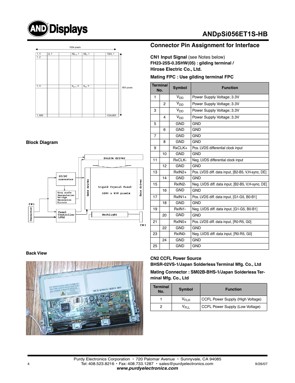 Displays, Andpsi056et1s-hb, Connector pin assignment for interface | Purdy ANDpSi056ET1S-HB User Manual | Page 4 / 5