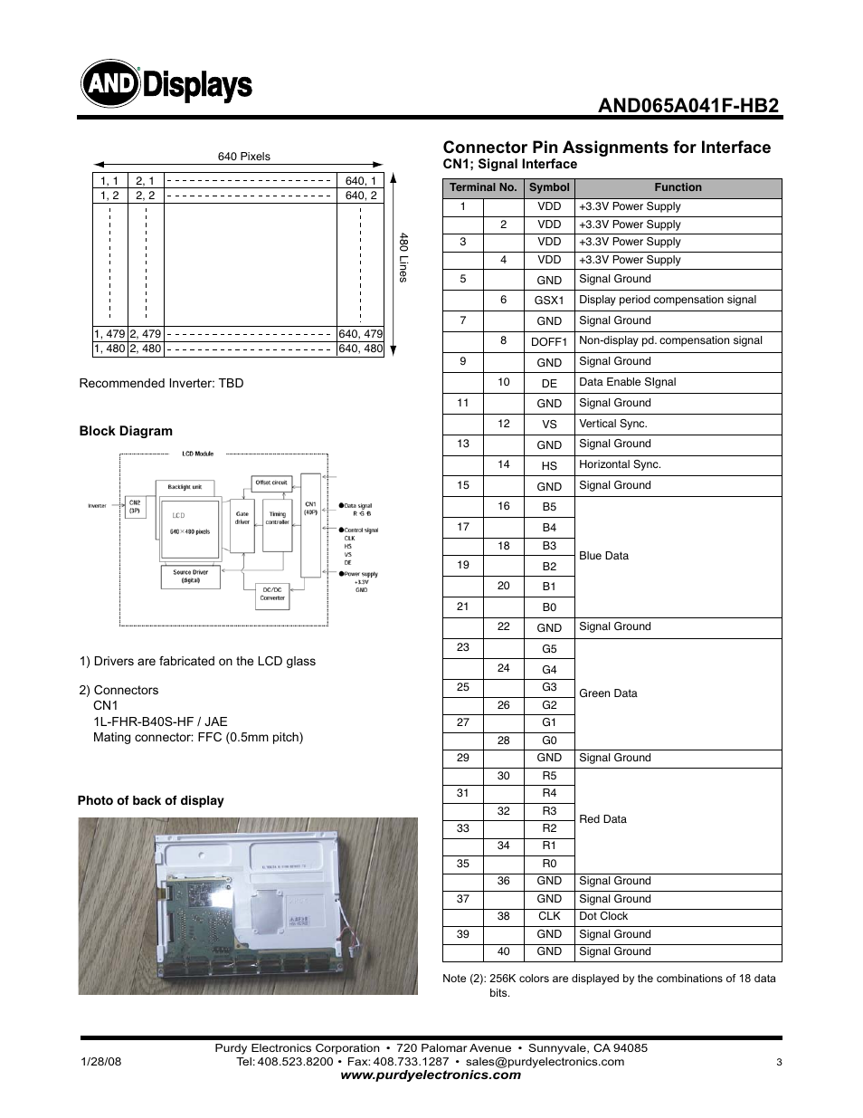 Displays, Connector pin assignments for interface | Purdy AND065A041F-HB2 User Manual | Page 3 / 5