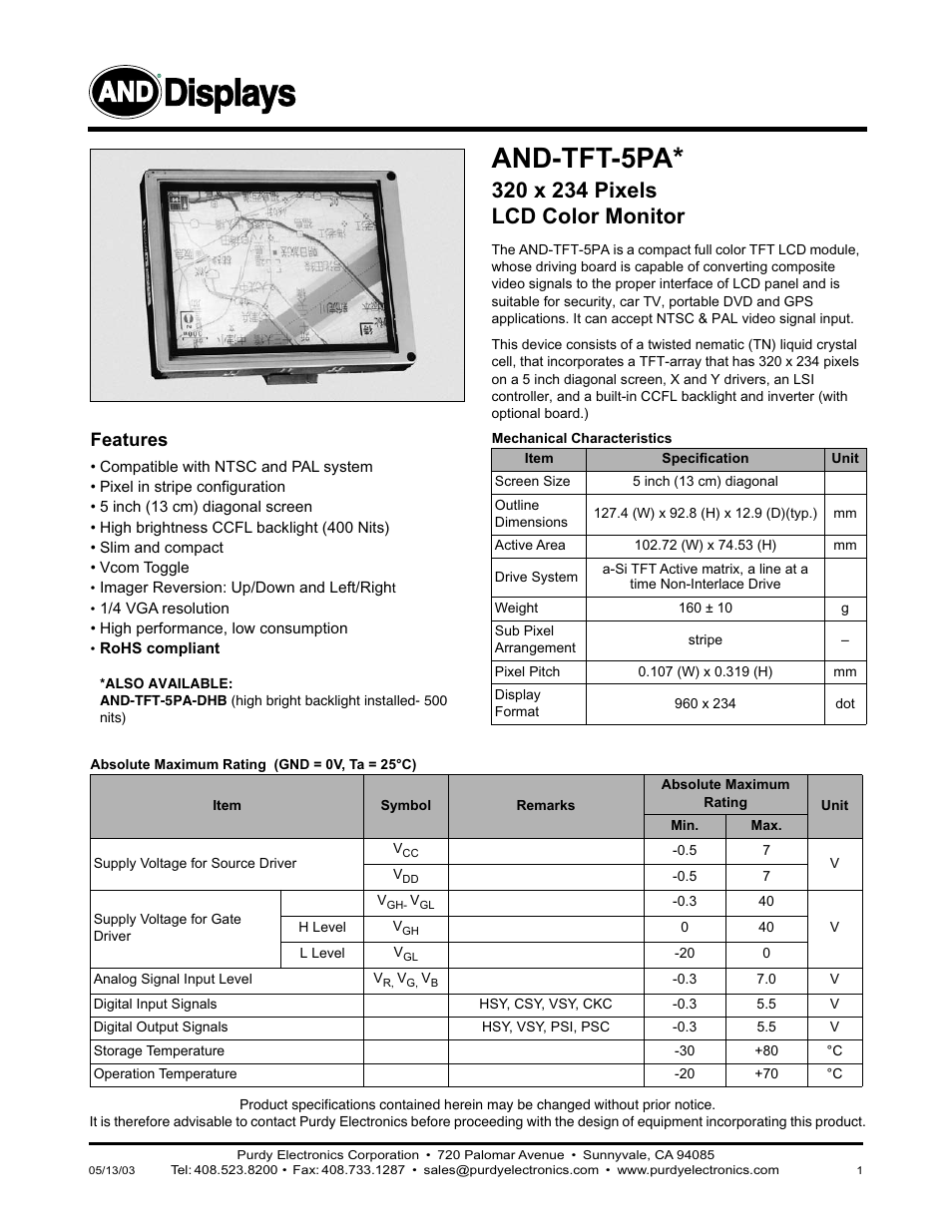 Purdy AND-TFT-5PA User Manual | 5 pages