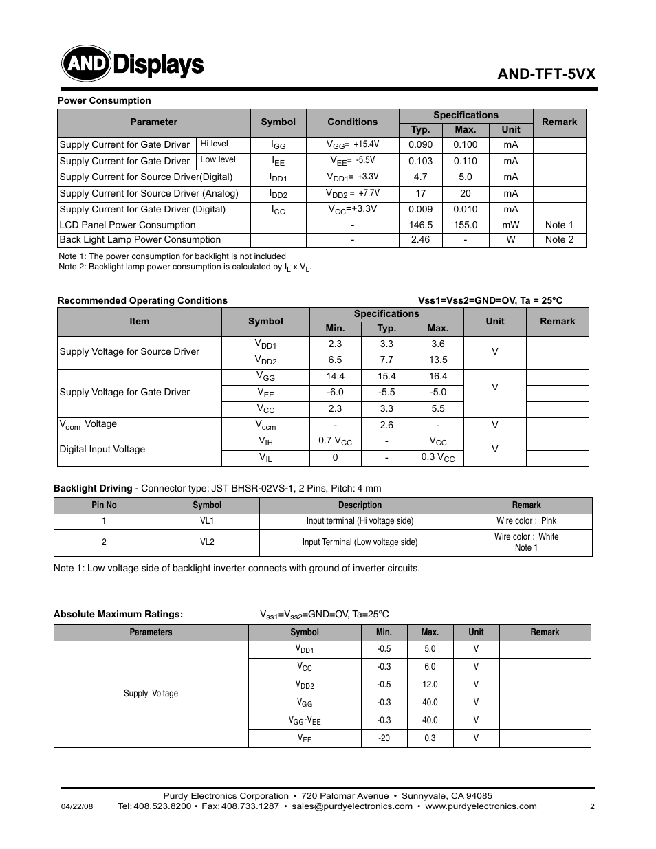 Displays, And-tft-5vx | Purdy AND-TFT-5VX User Manual | Page 2 / 9