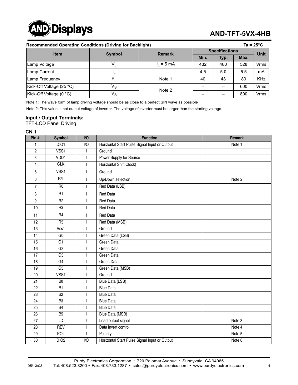 Displays, And-tft-5vx-4hb | Purdy AND-TFT-5VX-4HB User Manual | Page 4 / 9