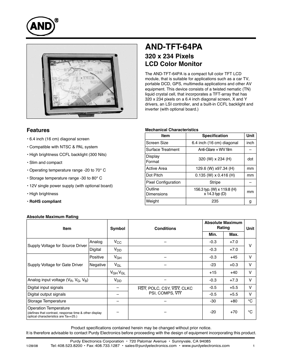 Purdy AND-TFT-64PA User Manual | 6 pages