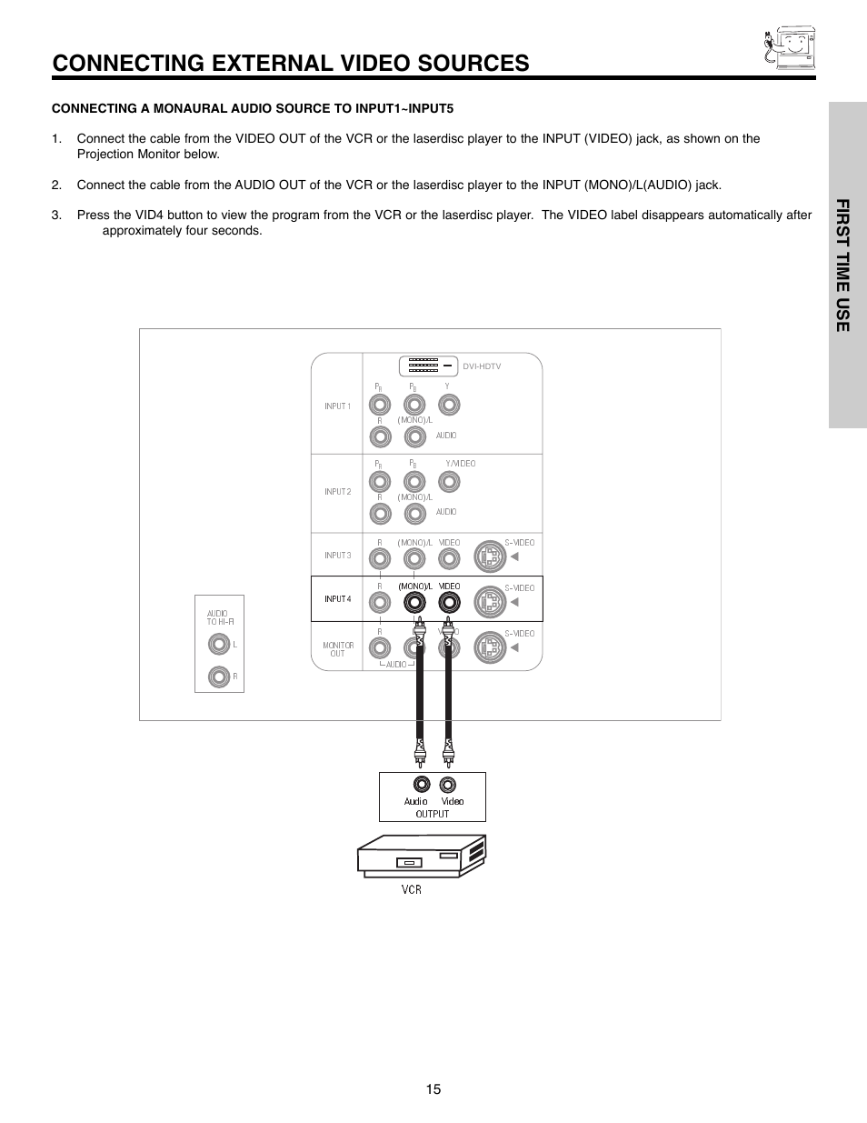 Connecting external video sources, First time use | Daewoo 51M200A User Manual | Page 15 / 64