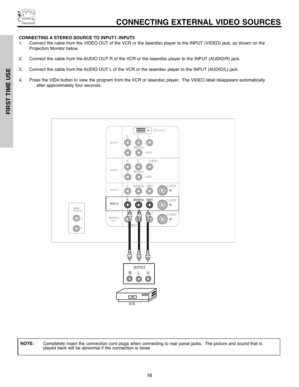 Connecting external video sources, First time use | Daewoo 51M200A User Manual | Page 16 / 64