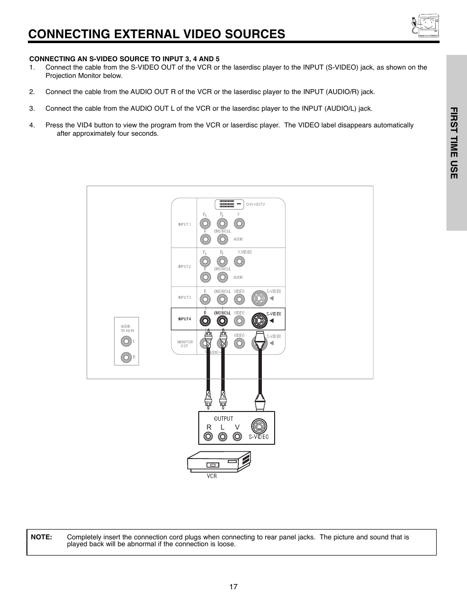 Connecting external video sources, First time use | Daewoo 51M200A User Manual | Page 17 / 64