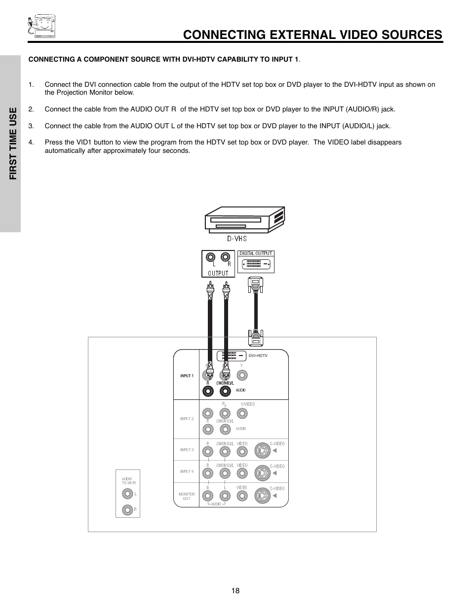 Connecting external video sources, First time use, D-vhs | Daewoo 51M200A User Manual | Page 18 / 64