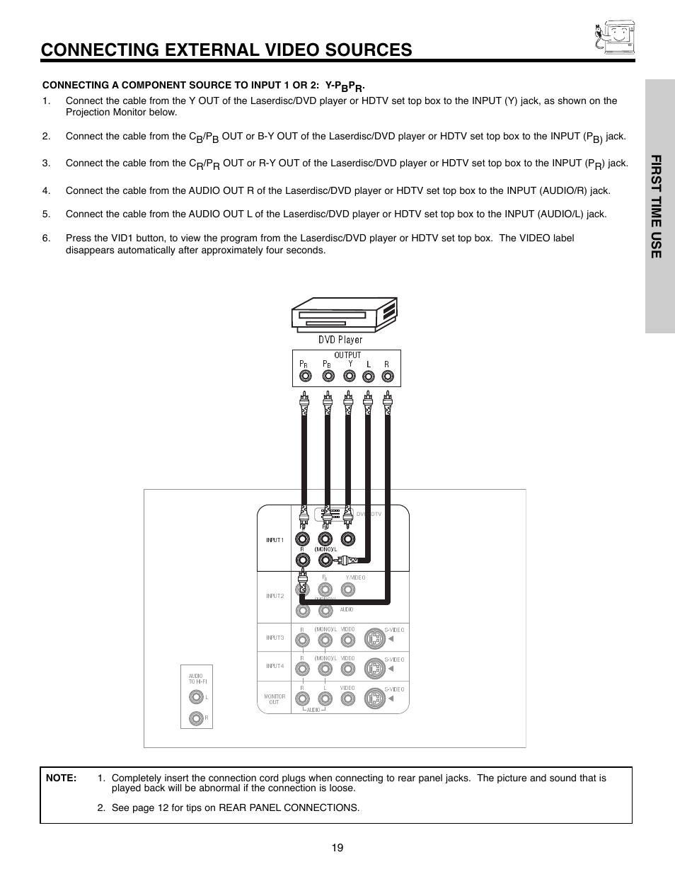 Connecting external video sources, First time use | Daewoo 51M200A User Manual | Page 19 / 64