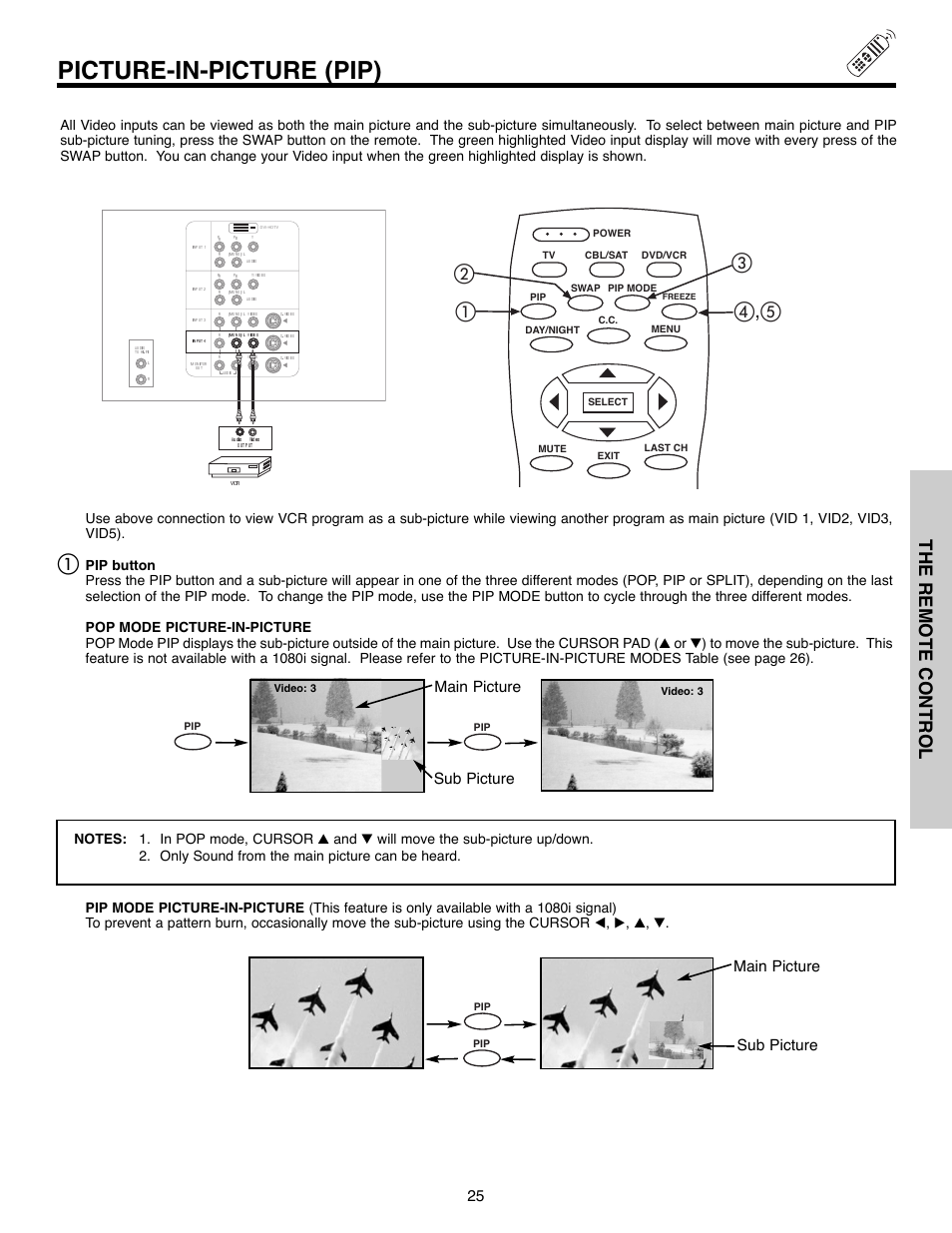 Picture-in-picture (pip), ቢባ ቤ ብ,ቦ, The remote control | Main picture sub picture | Daewoo 51M200A User Manual | Page 25 / 64