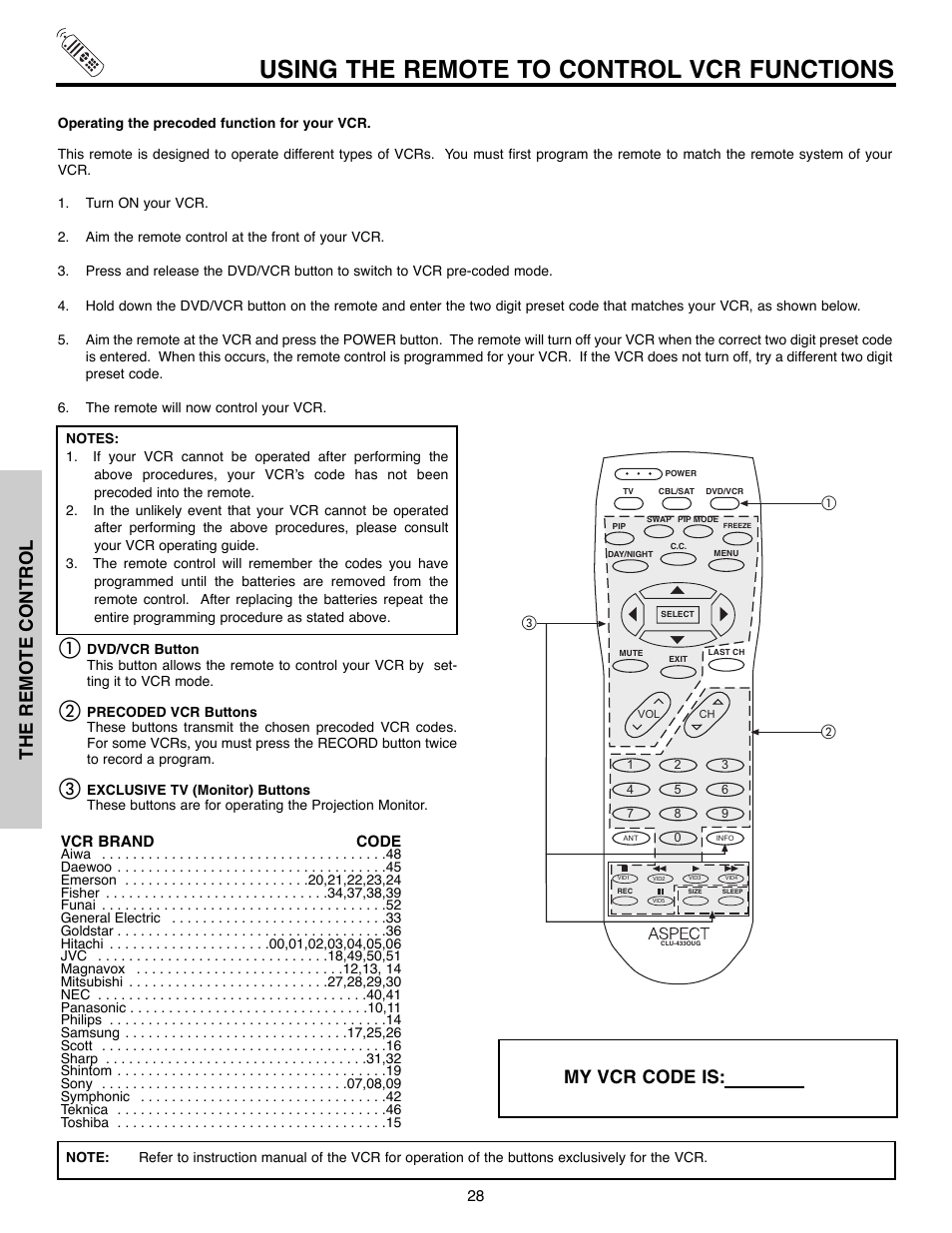 Using the remote to control vcr functions, The remote control, My vcr code is | Daewoo 51M200A User Manual | Page 28 / 64