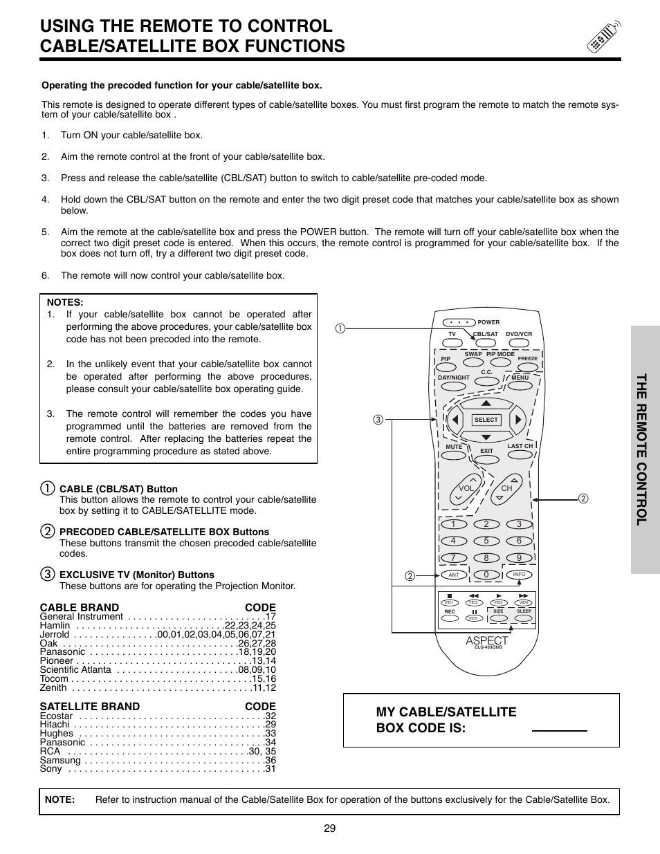 The remote control, My cable/satellite box code is | Daewoo 51M200A User Manual | Page 29 / 64