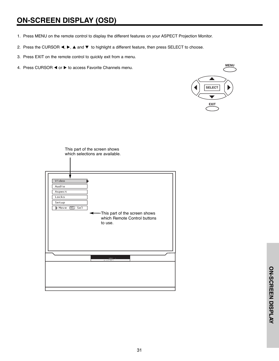 On-screen display (osd), On-screen displa y | Daewoo 51M200A User Manual | Page 31 / 64