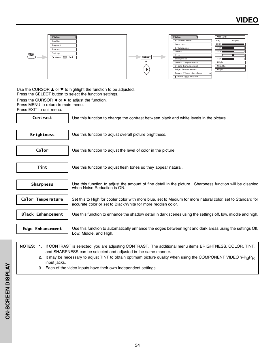 Video, On-screen displa y | Daewoo 51M200A User Manual | Page 34 / 64
