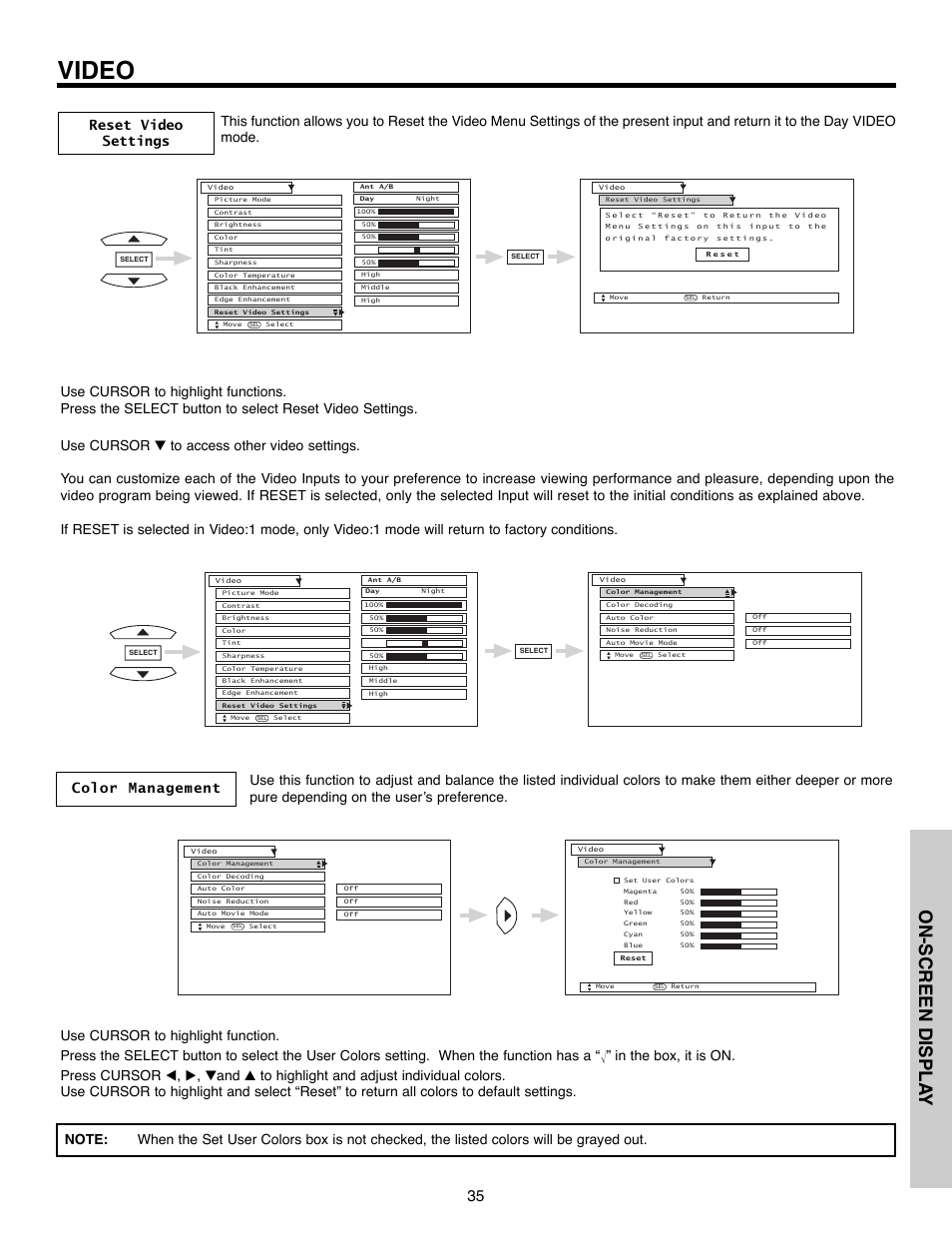 Video, On-screen displa y | Daewoo 51M200A User Manual | Page 35 / 64