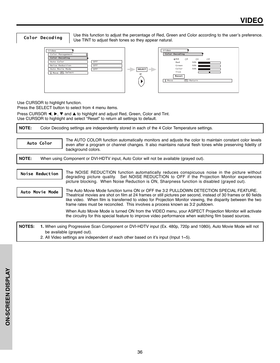 Video, On-screen displa y | Daewoo 51M200A User Manual | Page 36 / 64