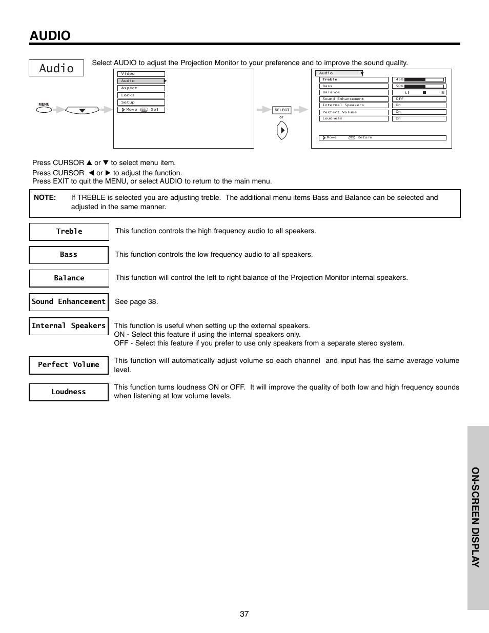 Audio, On-screen displa y | Daewoo 51M200A User Manual | Page 37 / 64