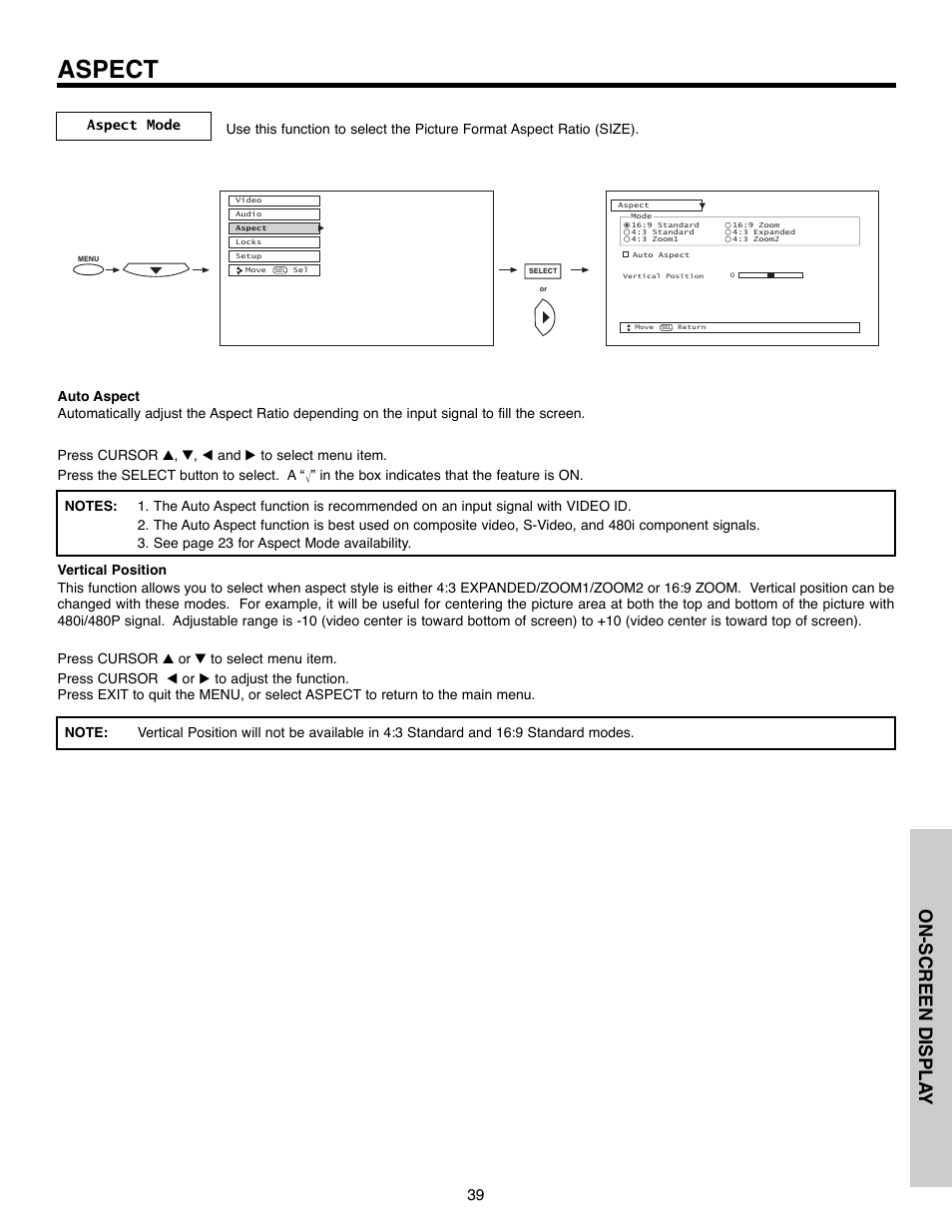 Aspect, On-screen displa y | Daewoo 51M200A User Manual | Page 39 / 64