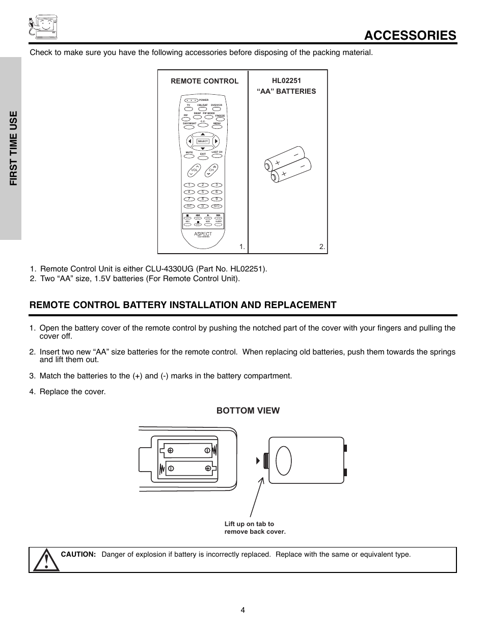 Accessories, First time use, Bottom view | Daewoo 51M200A User Manual | Page 4 / 64