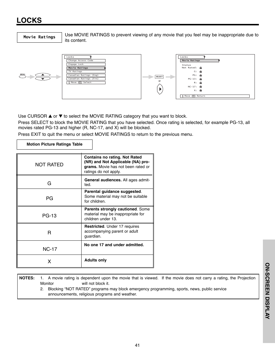 Locks, On-screen displa y, Gpg pg-13 r nc-17 x not rated | Daewoo 51M200A User Manual | Page 41 / 64