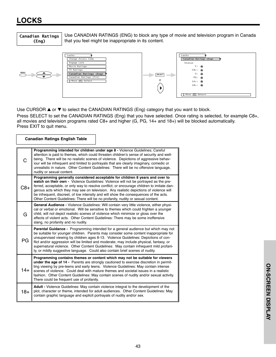 Locks, On-screen displa y | Daewoo 51M200A User Manual | Page 43 / 64