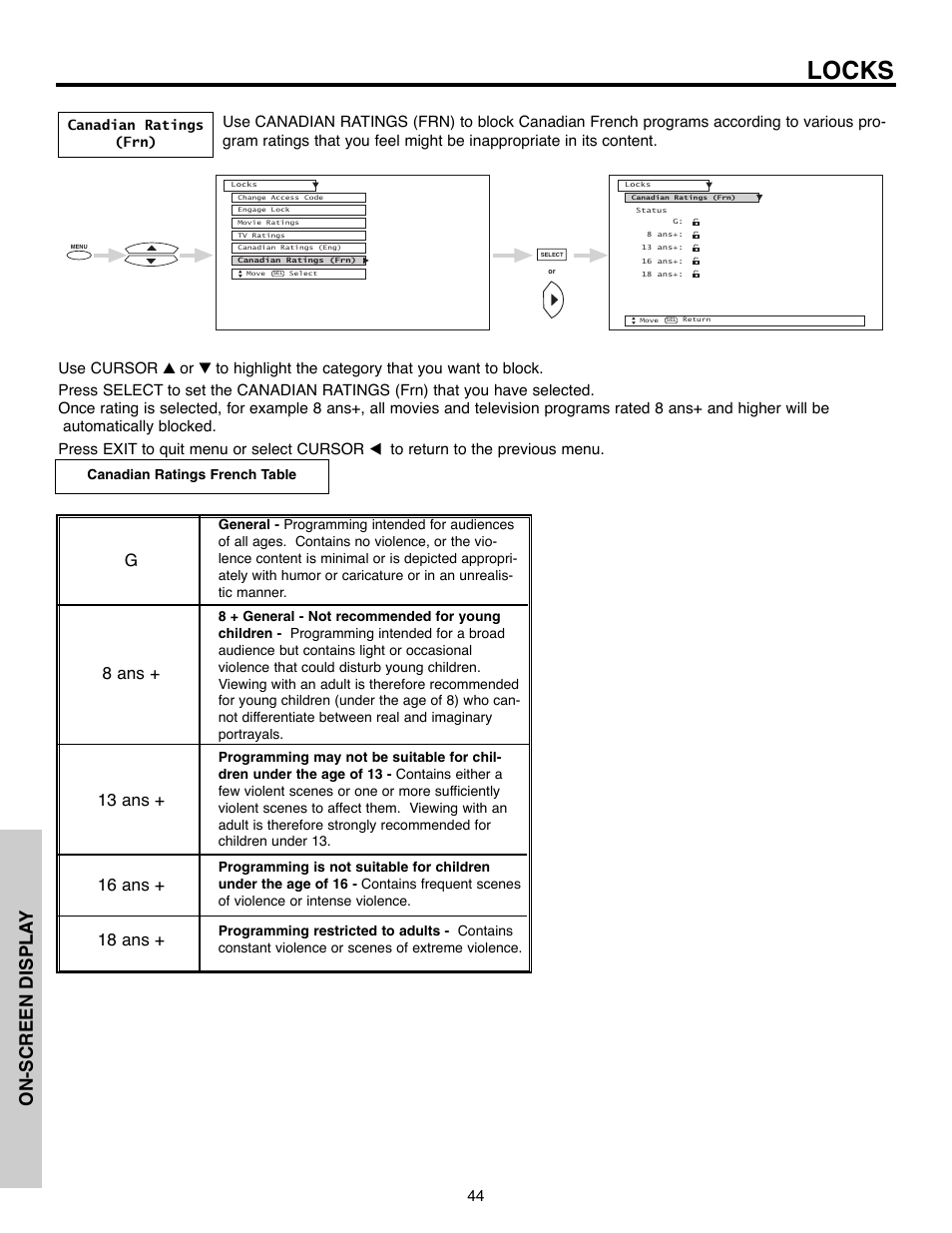Locks, On-screen displa y | Daewoo 51M200A User Manual | Page 44 / 64