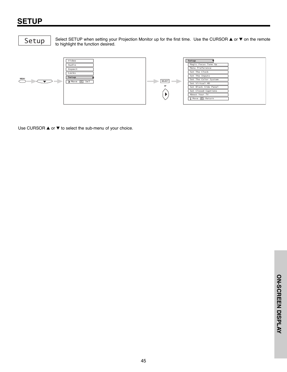 Setup, On-screen displa y | Daewoo 51M200A User Manual | Page 45 / 64