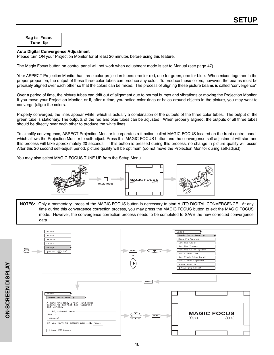 Setup, On-screen displa y, Magic focus | Daewoo 51M200A User Manual | Page 46 / 64