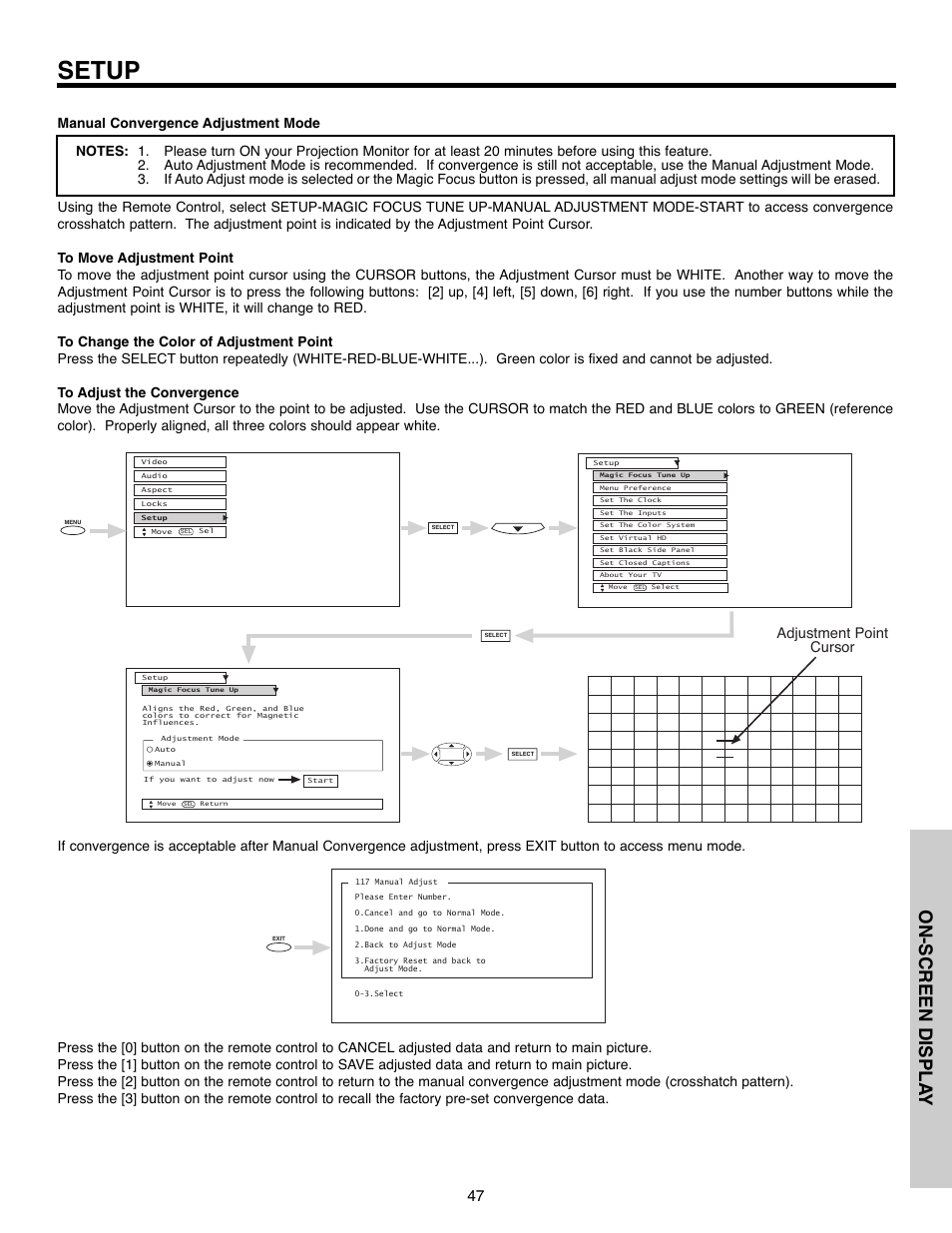 Setup, On-screen displa y, Adjustment point cursor | Daewoo 51M200A User Manual | Page 47 / 64