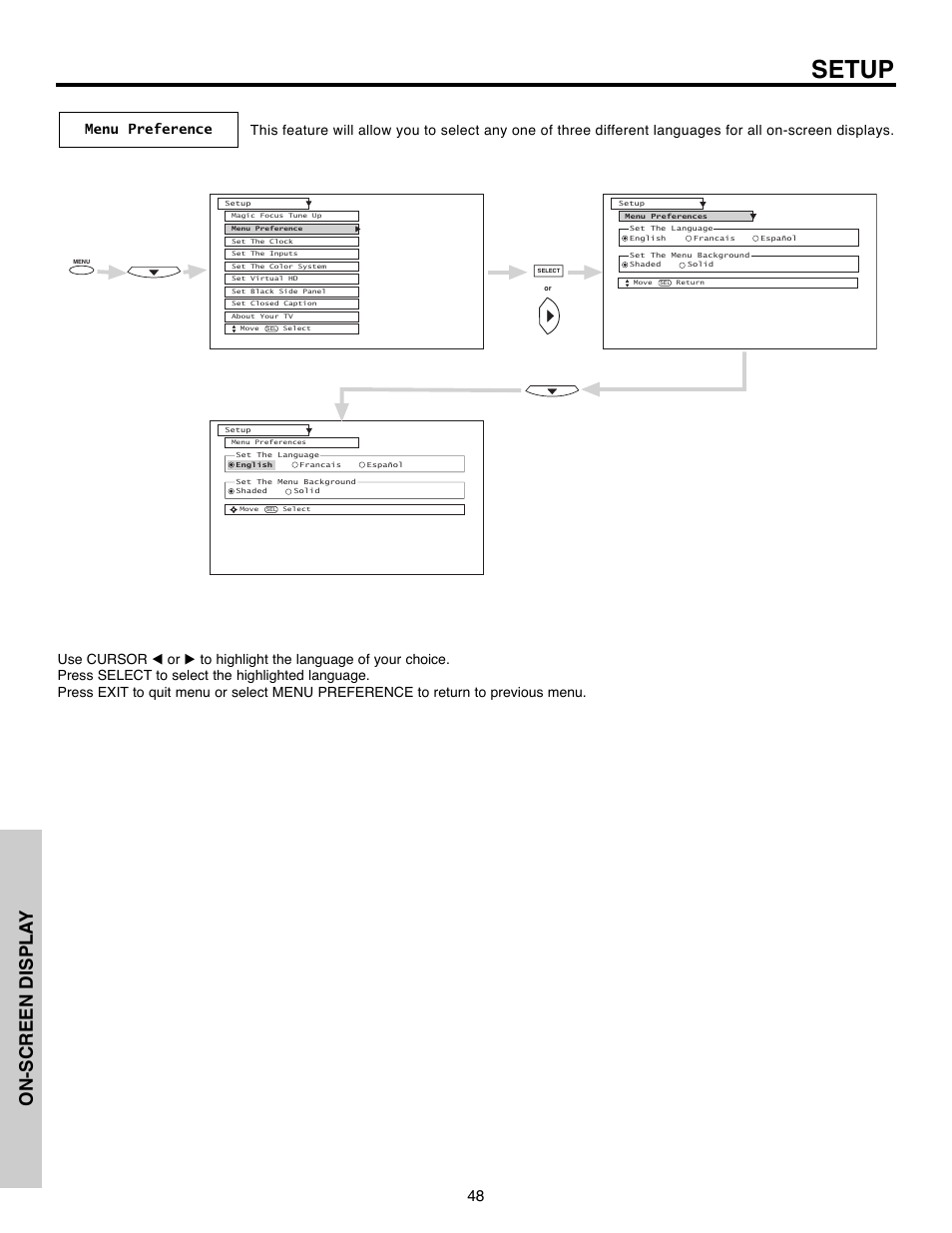 Setup, On-screen displa y | Daewoo 51M200A User Manual | Page 48 / 64