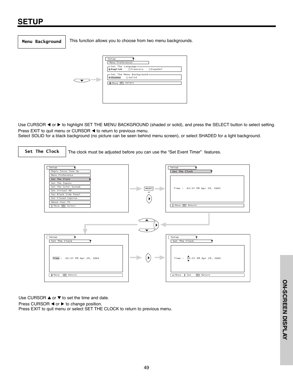 Setup, On-screen displa y | Daewoo 51M200A User Manual | Page 49 / 64