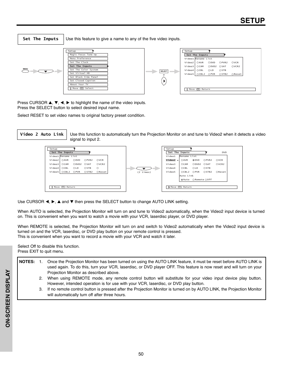 Setup, On-screen displa y | Daewoo 51M200A User Manual | Page 50 / 64