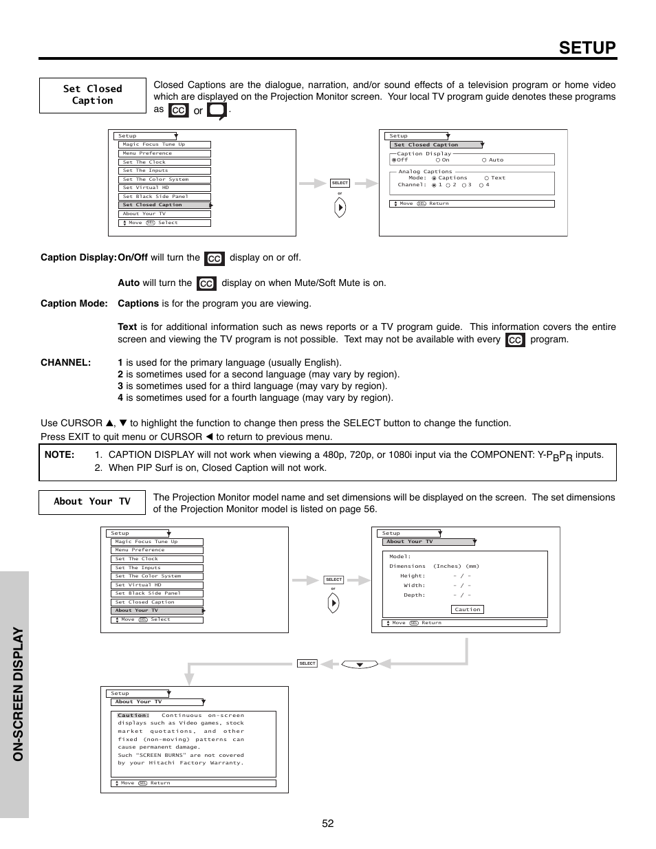 Setup, On-screen displa y, Set closed caption | Daewoo 51M200A User Manual | Page 52 / 64