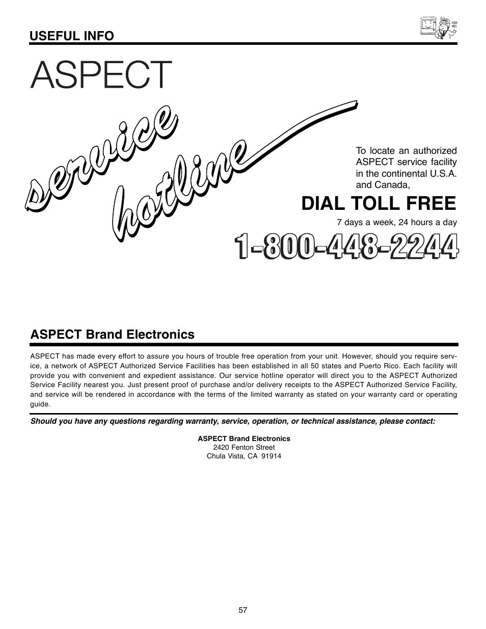 Dial toll free, Useful info, Aspect brand electronics | Daewoo 51M200A User Manual | Page 57 / 64