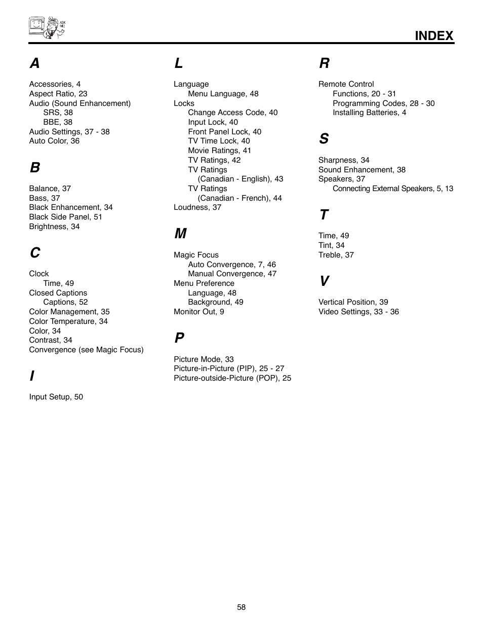 Index | Daewoo 51M200A User Manual | Page 58 / 64