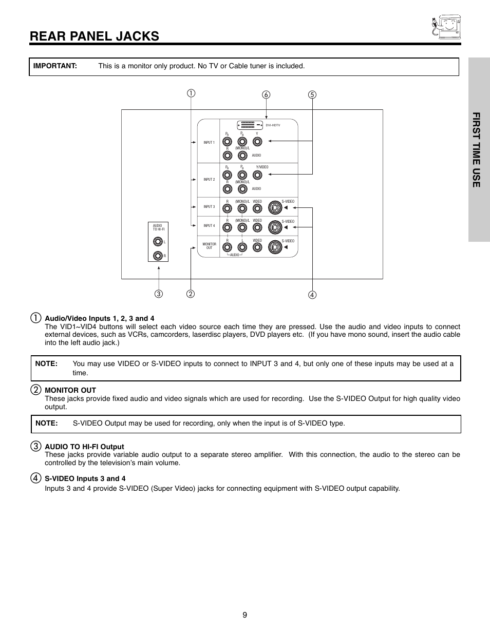 Rear panel jacks, First time use | Daewoo 51M200A User Manual | Page 9 / 64