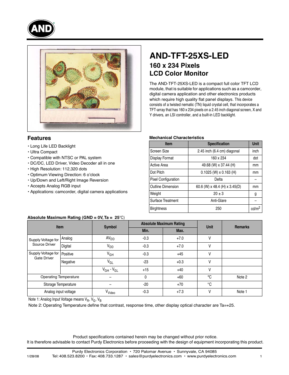 Purdy AND-TFT-25XS-LED User Manual | 6 pages