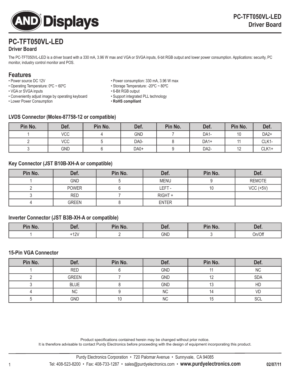 Purdy PC-TFT-050VL-LED User Manual | 4 pages