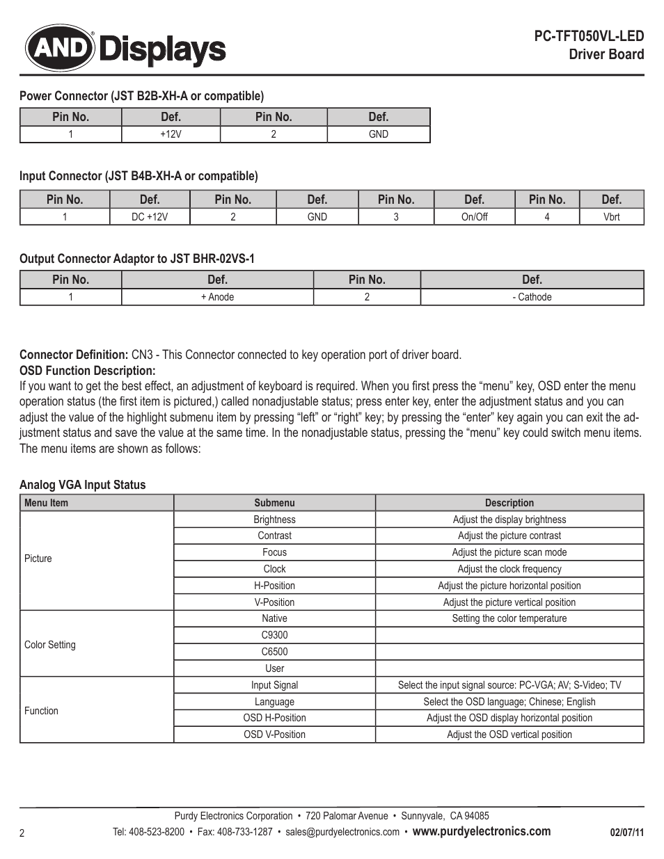 Displays, Pc-tft050vl-led driver board | Purdy PC-TFT-050VL-LED User Manual | Page 2 / 4