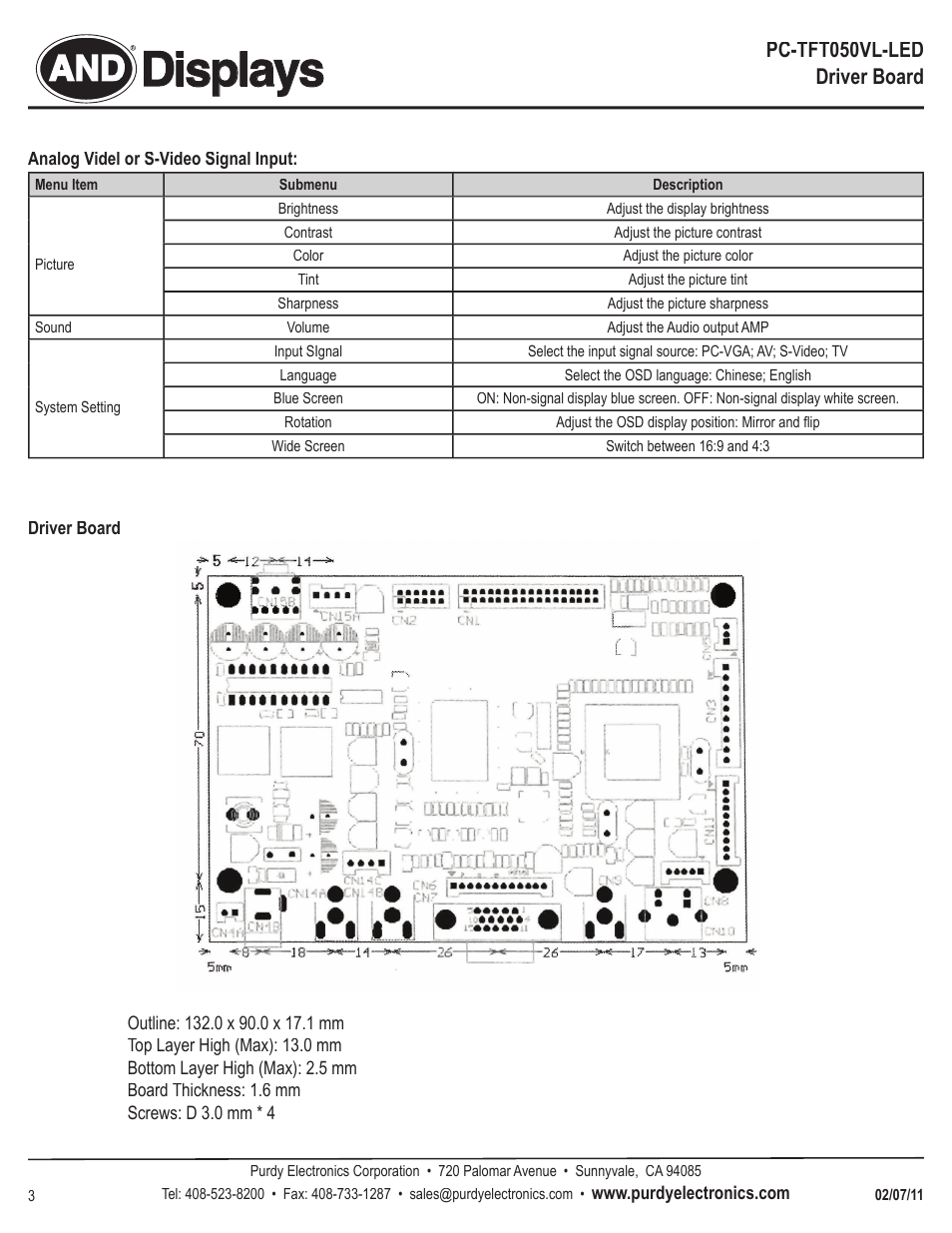 Displays, Pc-tft050vl-led driver board | Purdy PC-TFT-050VL-LED User Manual | Page 3 / 4