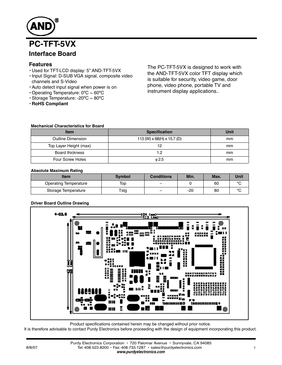 Purdy PC-TFT-5VX User Manual | 3 pages