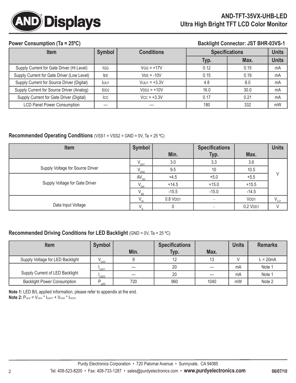 Displays | Purdy AND-TFT-35VX-UHB-LED User Manual | Page 2 / 7