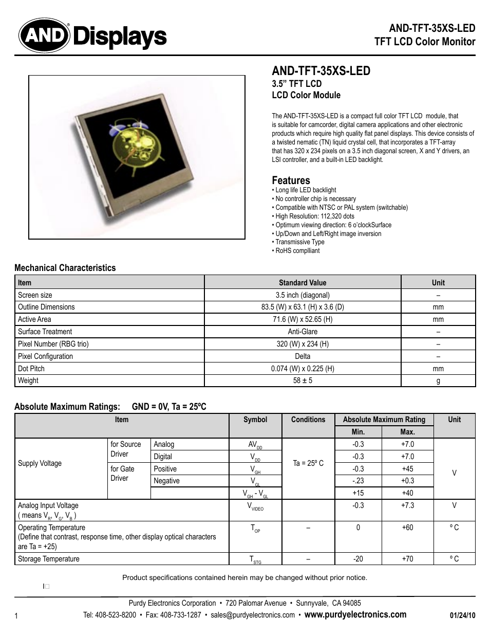 Purdy AND-TFT-35XS-LED User Manual | 4 pages