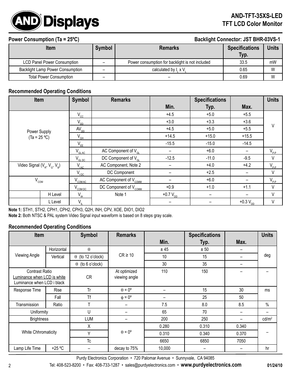 Displays, And-tft-35xs-led tft lcd color monitor | Purdy AND-TFT-35XS-LED User Manual | Page 2 / 4