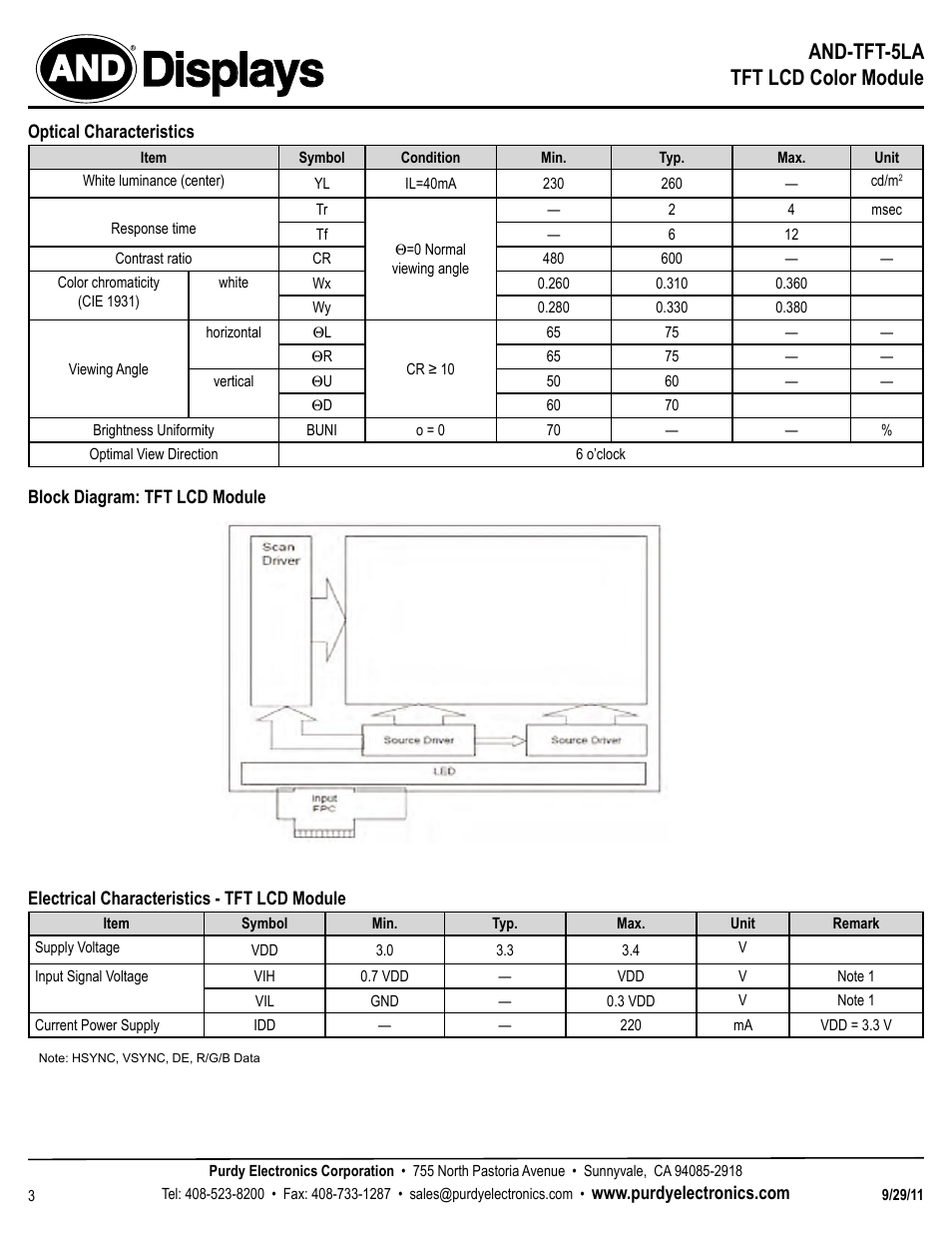 Displays, And-tft-5la tft lcd color module | Purdy AND-TFT-5LA User Manual | Page 3 / 6