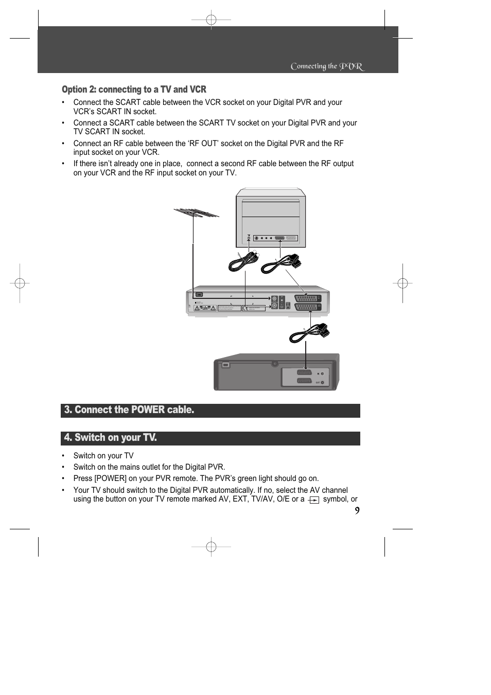 Connect the power cable, Switch on your tv, Option 2: connecting to a tv and vcr | Connecting the pvr | Daewoo DSD-9502T User Manual | Page 10 / 28